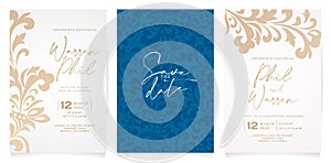 set of three wedding invitations with a golden ornament and dark blue pattern designs