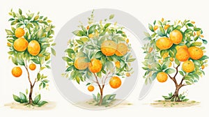 Set of Three Whimsical Watercolor Orange Tree Fruits AI Generated