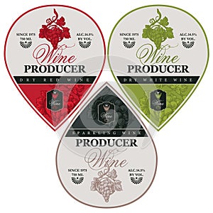 Set of three wine labels in the shape of a drop