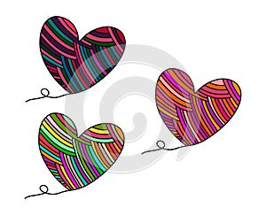 Set of three yarn hearts hand drawn illustation in cartoon style