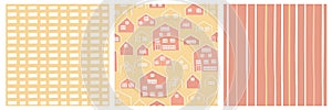 Set of three Yellow Red White seamless patterns. European hand drawn vector wooden houses, lines, windows illustrations