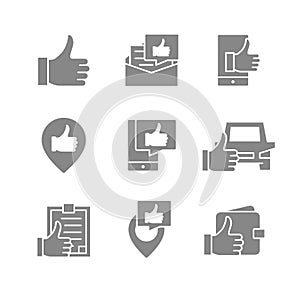 Set of thumb up feedback gray icons. Like, favorite, quality control, customer review and more.
