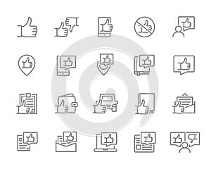 Set of thumb up feedback line icons. Like and dislike, charity, favorite, quality control, customer review and more.