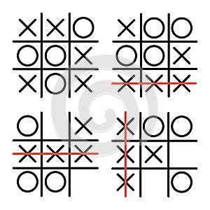 Set tic tac toe in hand drawn style. X-O game. Editable stroke.