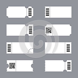 Set ticket template with tear-off element, barcode and QR code isolated.