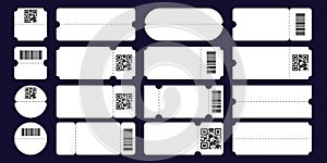 Set ticket template with tear-off element, barcode and QR code isolated.