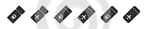 Set of tickets for different modes of transport. Bus, plane, ship and train ticket icon. Travel tickets. Vector illustration