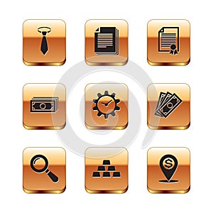 Set Tie, Magnifying glass, Gold bars, Time Management, Stacks paper money cash and Certificate template icon. Vector