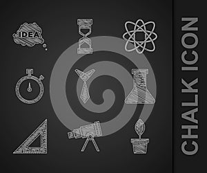 Set Tie, Telescope, Plant in pot, Test tube and flask, Triangular ruler, Stopwatch, Atom and Idea, speech bubble icon