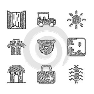 Set Tiger head, First aid kit, Centipede insect, Africa safari map, African hut, Shirt, Sun and Waterfall icon. Vector