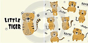 Set of tiger print and seamless pattern with cute tigers.vector illustreation