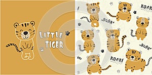 Set of tiger print and seamless pattern with cute tigers.vector illustreation
