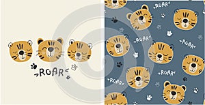 Set of tiger print and seamless pattern with cute tigers.vector illustreation