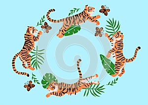 Set of tigers playing with butterflies and tropical leaves on a blue background. Vector graphics