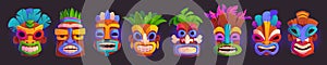 Set of tiki masks isolated on black background