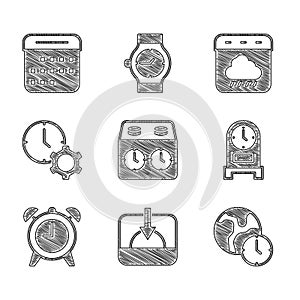 Set Time chess clock, Sunset, World time, Antique, Alarm, management, Calendar autumn and icon. Vector