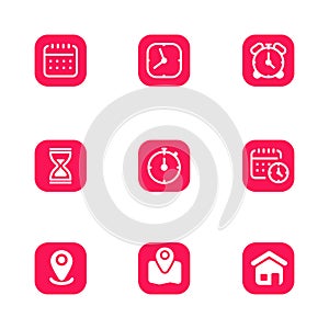 Set of time and location icons with red and white color