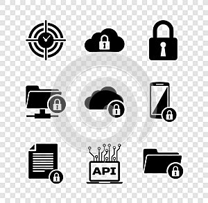 Set Time Management, Cloud computing lock, Lock, Document and, Computer api interface and Folder icon. Vector