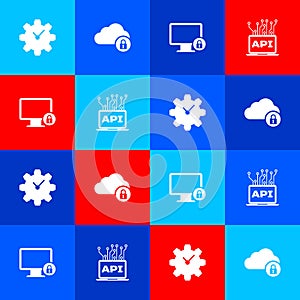 Set Time Management, Cloud computing lock, Lock on monitor and Computer api interface icon. Vector