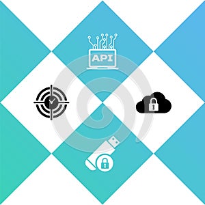 Set Time Management, USB flash drive with lock, Computer api interface and Cloud computing icon. Vector