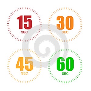 Set of timers for 15, 30, 45, 60 seconds. stopwatch icon countdown time digital stop chronometer.