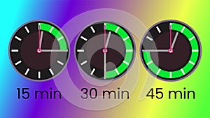 Set of timers 15, 30 and 45 min, analogue clock style