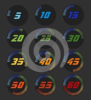 Set of timers. Full rotation arrow timer diagram from 5 second or minutes to 60. Colored flat icons. Modern vector illustration