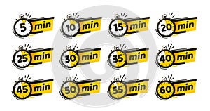 Set of timers, 5, 10, 15, 20 minutes on the timer hand. Vector illustration