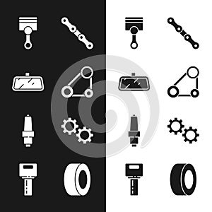 Set Timing belt kit, Car mirror, Engine piston, chain, spark plug, Gear, tire and key with remote icon. Vector