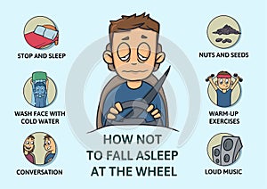 Set of tips to stay awake while driving. Sleep deprivation.