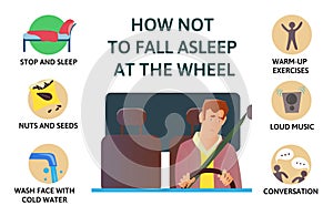 Set of tips to stay awake while driving. Sleep deprivation. How not to fall asleep at the wheel. Isolated vector