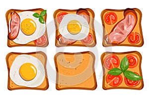 Set of toasts and sandwiches with. Slices of bread with eggs, bacon, tomatoes. vector illustration isolated on white