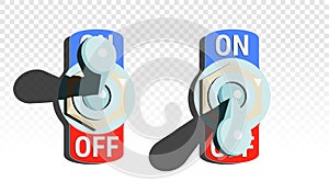 Set of toggle switches turned on and turned off with shadow on transparent background