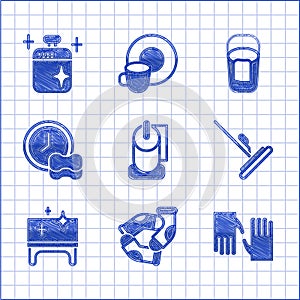 Set Toilet paper roll, Socks, Rubber gloves, Mop, Clean table, Washing dishes, Bucket with rag and cooking pot icon