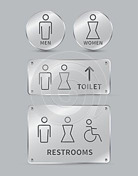 Set of toilet signs. Glass plates circle and square shape. Men and women restroom line icon. Disabled wheelchair icon. Vector
