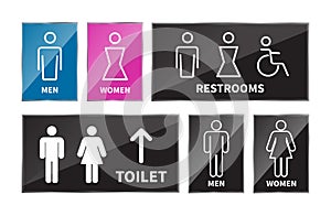 Set of toilet signs on white background. Men and women restroom icon sign arrow up. wheelchair icon. vector illustration