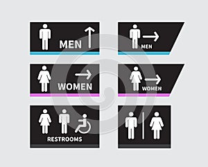 Set of toilet signs on white background. Men and women restroom icon sign right arrow. Disabled wheelchair icon. vector