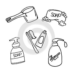 Set of toiletries illustration on white background. soap, bottle of soap and shampoo, toothbrush and toothpaste. hand drawn vector