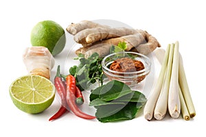 Set of Tom Yum soup basic ingredients for cooking. Isolated