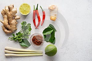 Set of Tom Yum soup basic ingredients on light gray background