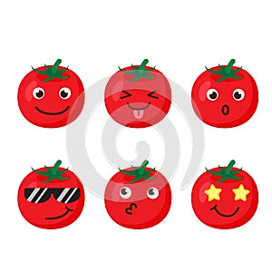 Set of tomato emojis. Kawaii style icons, vegetable characters. Vector illustration in cartoon flat style. Set of funny