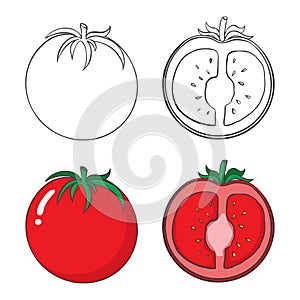 set of tomatoes. A whole tomato, cut into a tomato.