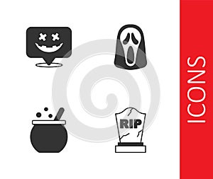 Set Tombstone with RIP written, Happy Halloween holiday, witch cauldron and Funny and scary ghost mask icon. Vector