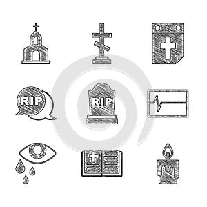 Set Tombstone with RIP written, Holy bible book, Burning candle, Beat dead monitor, Tear cry eye, Speech bubble rip