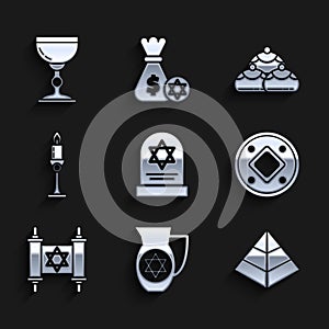 Set Tombstone with star of david, Decanter, Egypt pyramids, Jewish coin, Torah scroll, Burning candle candlestick, sweet