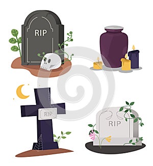 Set of tombstones on the grave.Collection of monument shape with rip text and funeral urn. Vector illustration