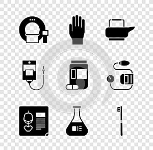 Set Tomography, Medical rubber gloves, Bedpan, X-ray shots, Test tube and flask, Toothbrush, IV bag and Medicine bottle