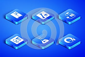 Set Tomography, Medicine cabinet, Test tube and flask, X-ray shots, and Blood pressure icon. Vector
