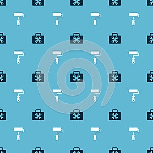 Set Toolbox and Paint roller brush on seamless pattern. Vector