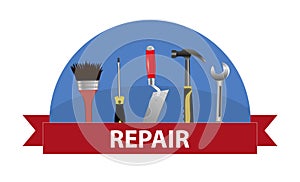 A set of tools. Concept logo for service repair. Trowel, hammer, wrench, screwdriver and brush. Vector